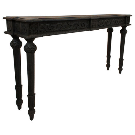 Tigard Console Table in Traditional White Finish on Hand-Carved Solid Wood, Gray Antique