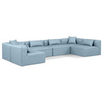 Meridian Furniture - Cube Upholstered Modular Sectional, Light Blue, 6-Piece: 4 Armless Chair, 2 Corner Chair, Vegan Leather - Elevate your space with the luxurious Cube Vegan Leather Modular Sectional. This modular sectional exudes modern elegance, charm, and comfort making it a perfect addition to any contemporary living space. Its clean lines and cube shape are reminiscent of minimalist design, while the plush light blue vegan leather upholstery adds a touch of luxury and sophistication. The chair's versatile construction and geometric aesthetic seamlessly integrate into various design styles, from sleek living rooms to chic home offices, embodying the essence of modern design and creating a sense of order and tranquility in your space.