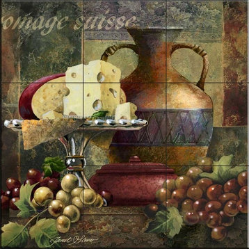 Tile Mural, Cheese And Grapes Ii by Janet Stever