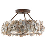 Currey & Company - Oyster Semi-Flush - Our Oyster semi-flush has a robust charm, its ring of natural oyster shells bursting with seaside tones and textures that glow from within. The simplicity and rusticity of the wrought iron frame that has been treated to a textured bronze finish makes this three-light fixture, which measures 19" in diameter by 10" high, a kicky lit accent for a seaside cottage or an urban oasis on the waterways.