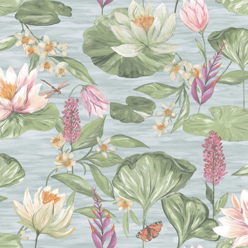 Painted Waterlily Floral Wallpaper , Blue, Double Roll