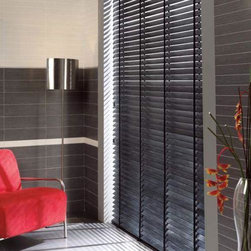 American Blinds Signature Wood Blinds in Black with 1" Cloth Tapes in Obsidian - Venetian Blinds