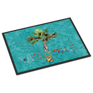 8711Mat Welcome Palm Tree On Teal Indoor Or Outdoor Mat, 18x27", Multicolor
