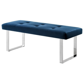 Posh Living Myles Tufted Velvet Bench with Stainless Steel Legs in Blue/Chrome