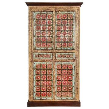 Classic Empire 4 Door Brass Inlay Solid Wood Armoire Storage Cabinet