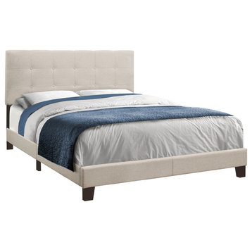 Contemporary Upholstered Bed, Beige, Queen, Material: Linen