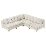 Meridian Furniture - Tremblay Modular Sectional, Cream, L-Shaped, 5-Piece: Armless (4), Corner (1) - Lean back and relax on this Tremblay sectional. Featuring soft cream velvet upholstery with deep button tufting, this sectional adds a bold touch to any living space. A complete set of gold and chrome legs are included, so you can change it up to suit your home decor. This sectional is modular, so you can create infinite configurations with it, which are easily attached using the latch underneath the frame. Its contemporary design is perfect for the modern home.