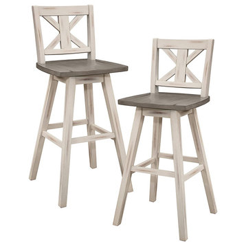 2 Pack Bar Stool, Distressed Design With Wooden Seat & Crossed Back, Gray/White