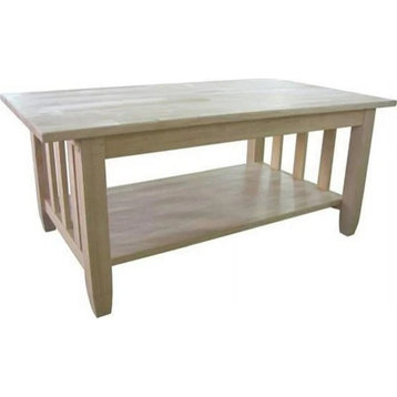 Classic Mission Coffee Table, Unfinished Design With Slatted Sides, Lower Shelf