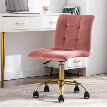 Square Tufted Desk Rolling Chair, Pink-Velvet
