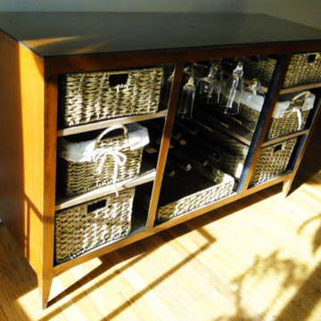 steel buffet table with patina and walnut shelves