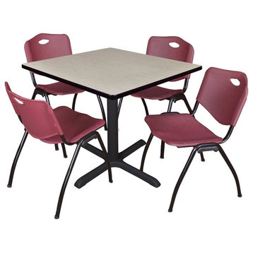 Cain 36" Square Breakroom Table, Maple and 4 'M' Stack Chairs, Burgundy