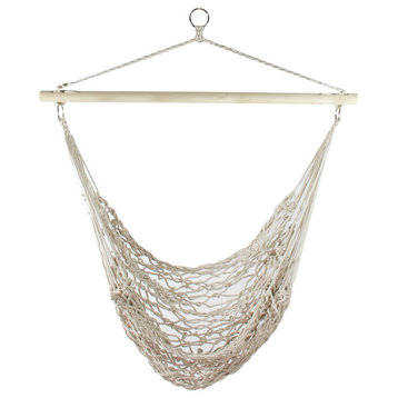 39"x43" White Cotton Netting Hammock Chair With Wooden Bar