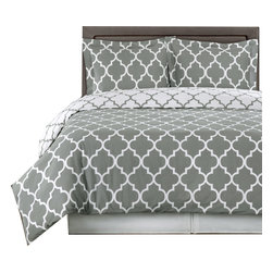 Royal Tradition - Meridian 100% Cotton Duvet Cover Set, Gray and White, Full/Queen - Duvet Covers And Duvet Sets