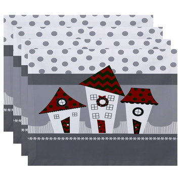 Coastal Houses Decorative Holiday Geometric Print Placemat, Set of 4, Red