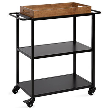 Modern Bar Cart, Removable Wood Tray & 2 Glass Open Shelves, Rustic Brown/Black
