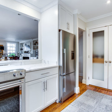 White Galley Kitchen with Hidden Toe Kick Drawers Washington DC