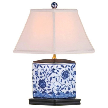 Blue and White Porcelain Diamond Shaped Table Lamp Floral 16.5"