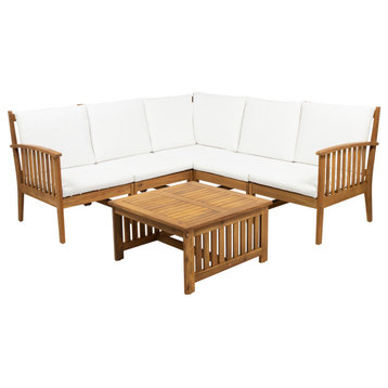 Maud Outdoor 5 Seater Acacia Wood Sofa Sectional Set, Brown Patina, White