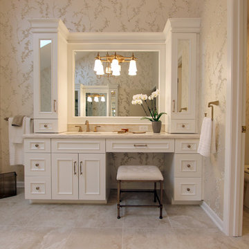 Elegant White Bathroom with Beige Tiled Shower