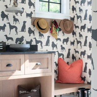 Mudroom - mid-sized transitional concrete floor and gray floor mudroom idea in Minneapolis with beige walls