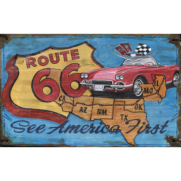Route 66 Vette Vintage Wooden Sign, 15"x24"