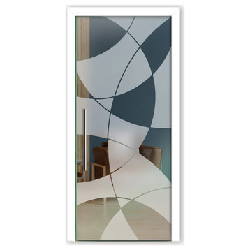 Frameless Pocket Glass Sliding Door with Frosted Stripes Design, 32"x80", Semi-Private, Recessed Grip