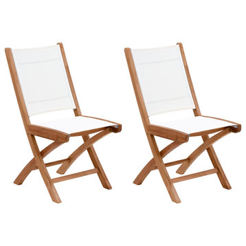 Teak Wood Miami Folding Side Chair With White Batyline Mesh, Set of 2