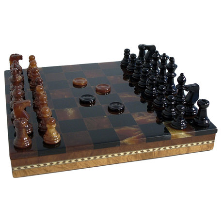 Black and Brown Alabaster Inlaid Chest, Chess and Checkers Set