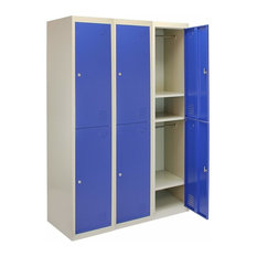 Storage Unit, Blue-Grey Finished Metal With 6-Door, Hanging Rail and Shelves
