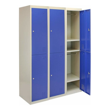 Storage Unit, Blue-Grey Finished Metal With 6-Door, Hanging Rail and Shelves