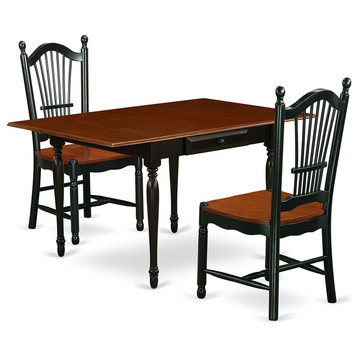 3 Pieces Dining Set, Chairs With Wooden Seat & Unique Slatted Back, Black/Cherry