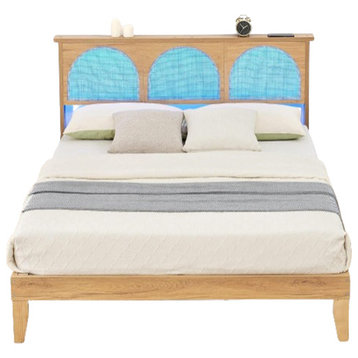 Modern Rustic Platform Bed, Wood Frame & Rattan Accented Headboard