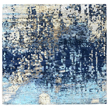 Yale Blue Hand Knotted Wool and Silk Mosaic Design Square Rug 6' x 6'