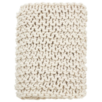 Chunky Cable Knit Premium Wool Woven Throw Blanket, 50"x60", Ivory