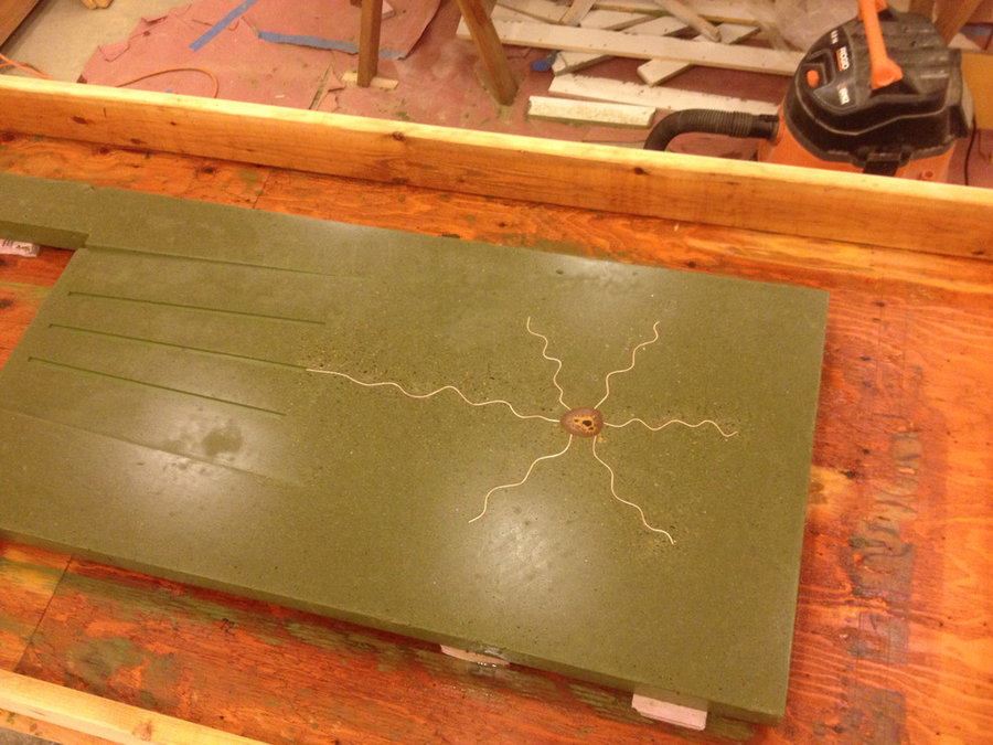 Olive green concrete with geode and copper squiggles