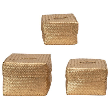 Hand-Woven Seagrass Baskets With Lids, Gold, 3-Piece Set