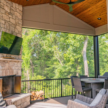 Screen Room Deck with Corner Fireplace