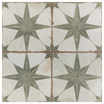 Merola Tile - Kings Star Sage Ceramic Floor and Wall Tile - Old-world European elegance radiates from our Kings Star Sage Ceramic Floor and Wall Tile, imported from Spain. Save time and labor spent arranging smaller square tiles and instead install these durable ceramic slabs, which have four squares separated by scored grout lines. The defining feature of this encaustic-inspired tile is the unique, low-sheen glaze in beige tones with centered sage green stars in each square. Variation throughout each tile mimics an authentic aged appearance. Designed by interior architect and furniture designer Francisco Segarra, this tile is a true reflection of vintage industrial design. Realistic imitations of scuffs and spots that are the marks of well-loved, worn, century-old tile bring rustic charm to your interior. These rustic scuffs and spots convince that this tile is truly aged. There are 9 different variations available that are randomly scattered throughout each case. The scored grout lines can be grouted with the color of your choice to further customize your installation. Tile is the better choice for your space. This tile is made from natural ingredients, making it a healthy choice as it is free from allergens, VOCs, formaldehyde and PVC.