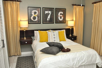 Bedroom - tropical beige floor bedroom idea in Other with gray walls