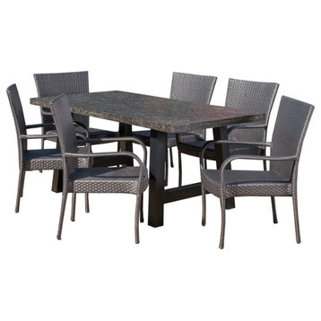 GDF Studio 7-Piece Belle Outdoor Stacking Gray Wicker and Concrete Dining Set