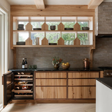 Antique Elm Box Beams, Cabinetry, and Shelving in Wabi-Sabi Lakeside Kitchen
