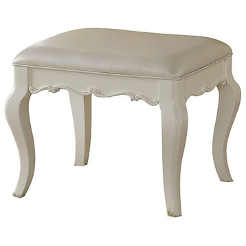 Traditional Style Wood And Leatherette Vanity Stool With Padded Seat, White