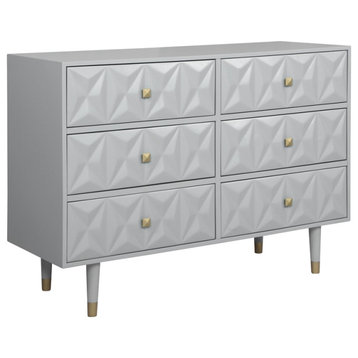 Linon Alick Wood Geo Texture 6 Drawer Dresser with Gold Hardware in Gray