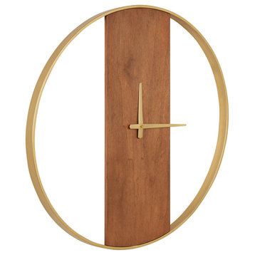 Ladd Round Numberless Wall Clock, Walnut Brown/Gold, 24"