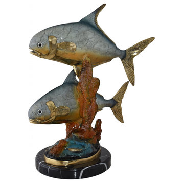 Two Permit Fish Swimming in The Ocean Bronze Statue Size: 13" x 19" x 25"H