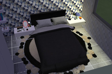 バーリにある小さなモダンスタイルのおしゃれな主寝室 (青い壁、ラミネートの床、グレーの床)