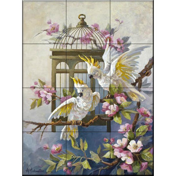 Tile Mural, Cockatoos And Apple Blossoms by Maxine Johnston