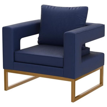 Contemporary Accent Chair, Pillow Back Design With Square Cut Out Arms, Blue