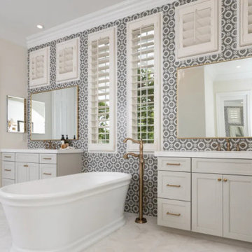 Symmetrical Spa Bath with Freestanding Tub and Dual Mirrors